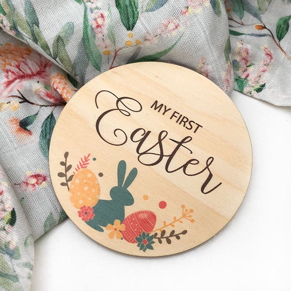 ONE.CHEW.THREE | My First Easter Milestone Plaque - Timber Colour Print Bunny Silhouette