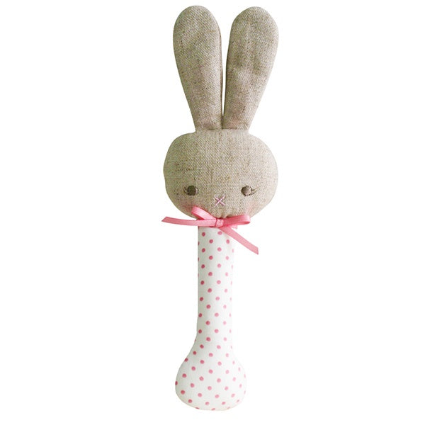 ALIMROSE | Baby Bunny Stick Rattle - Spot Pink On Ivory