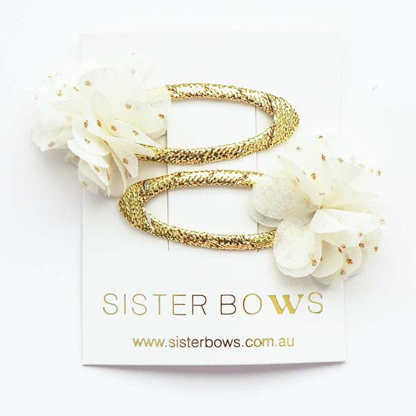 SISTER BOWS | Clippies (Pair) Gold Spotty Flower